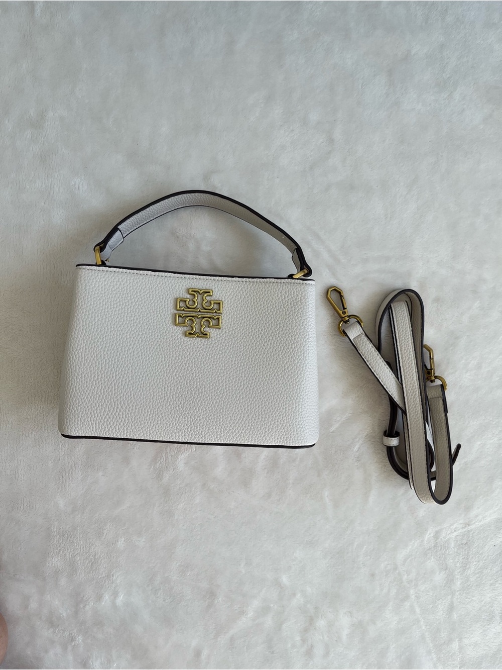 Tory Burch White Pebbled Leather Convertible Top-Handle Crossbody with Gold Logo